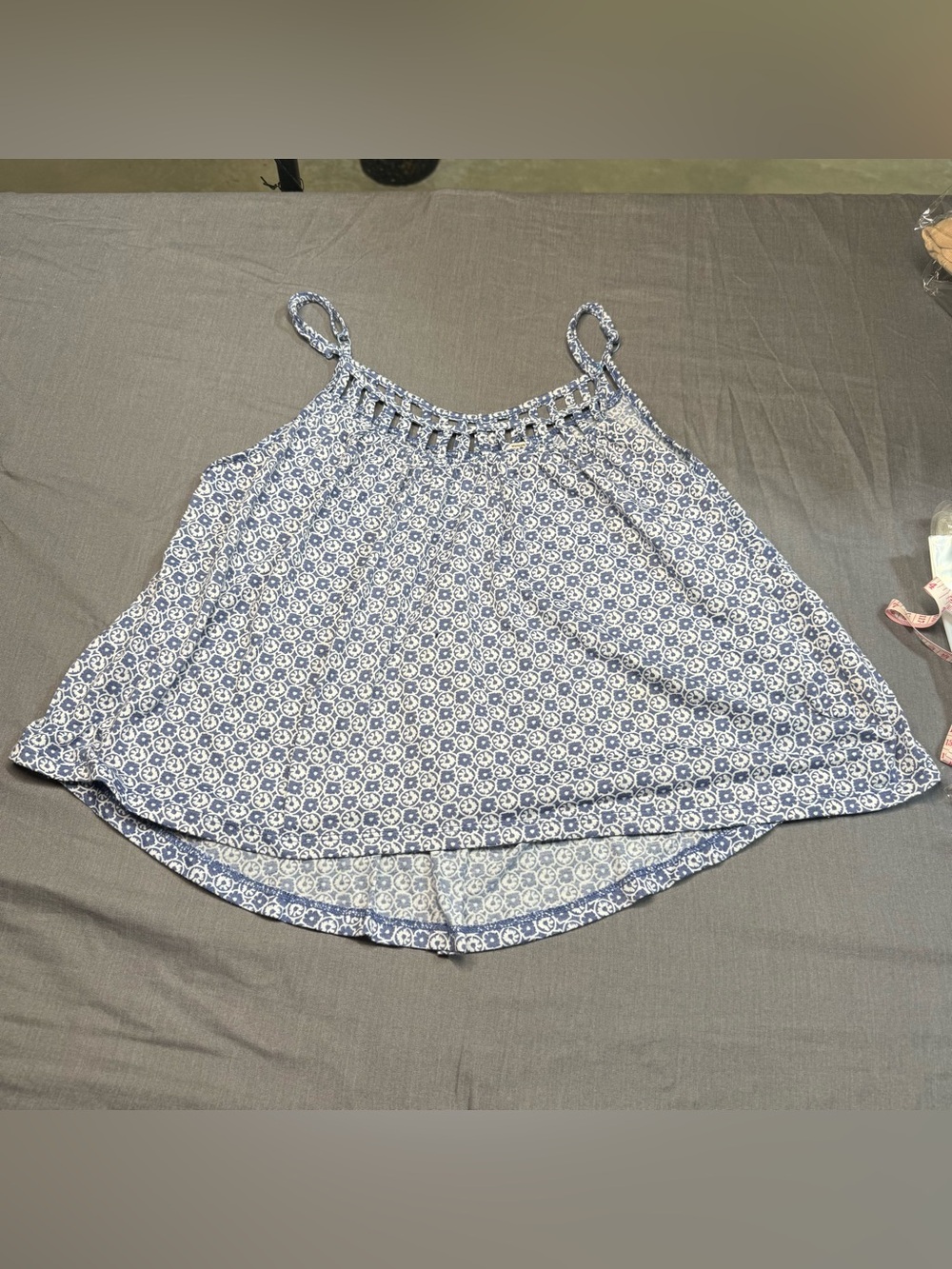 Mudd Blue and White Printed Crochet-Trim Spaghetti Cropped Cami